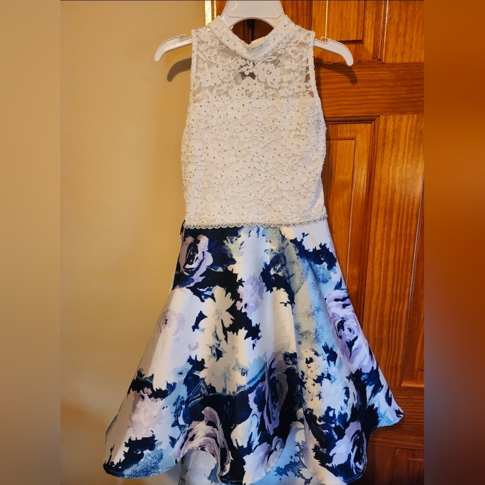 Speechless Big Girl's White and Blue Floral Lace High Low Dress